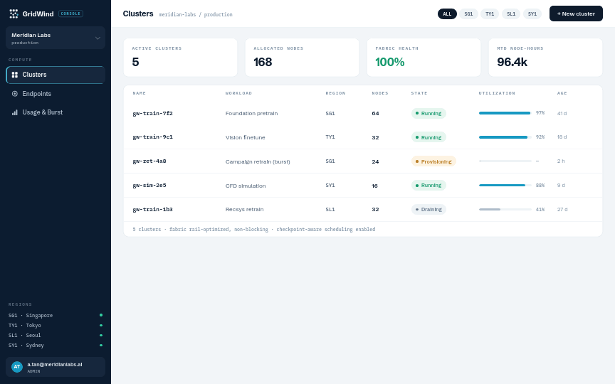 GridWind console — clusters view