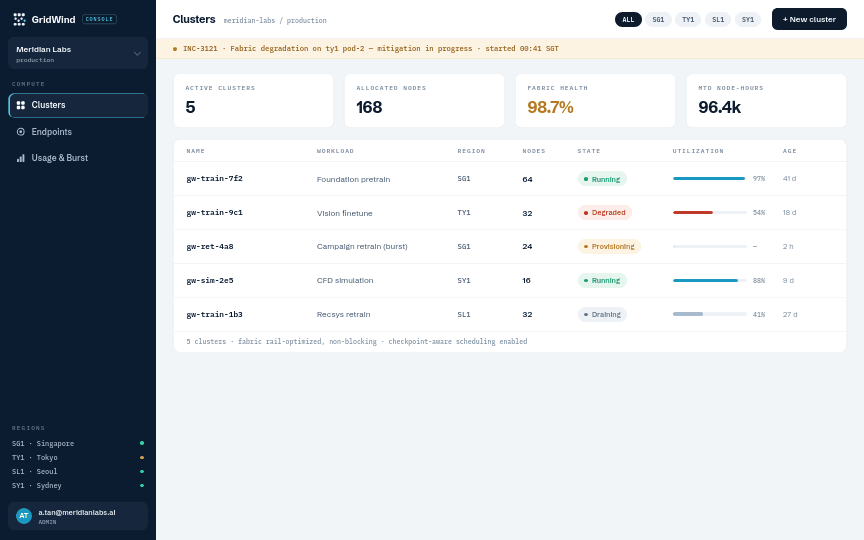 GridWind console — incident drill on a training cluster